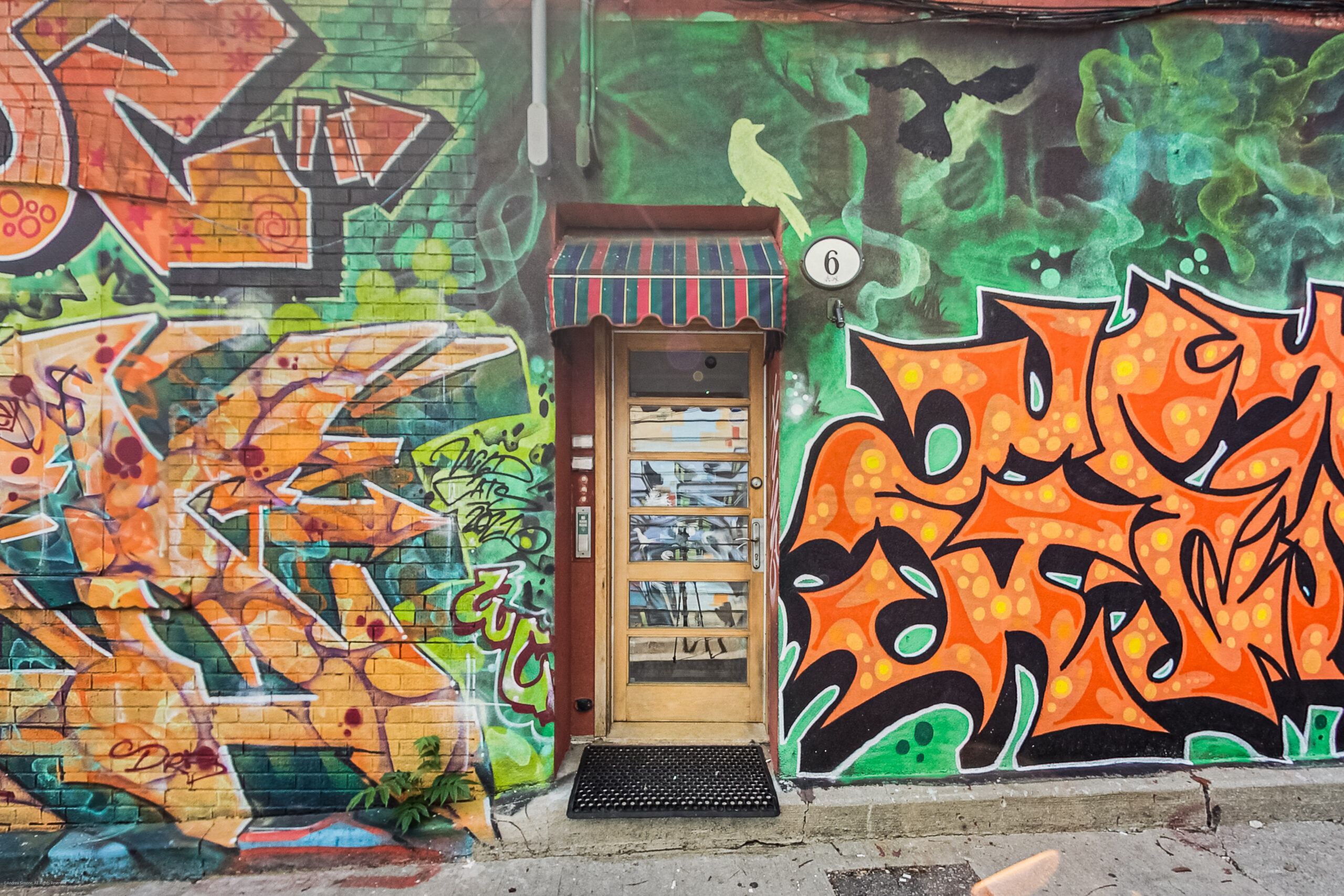 andreasimonecom | Liberty Village Toronto | Your Online Neighbourhood Guide Doorway with striped awning flanked by vivid graffiti-covered brick walls; house number'6' on the right and a small mailbox beside the door.